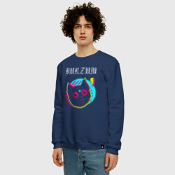 Свитшот с принтом Burzum rock star cat для мужчины, вид на модели спереди №2. Цвет основы: темно-синий