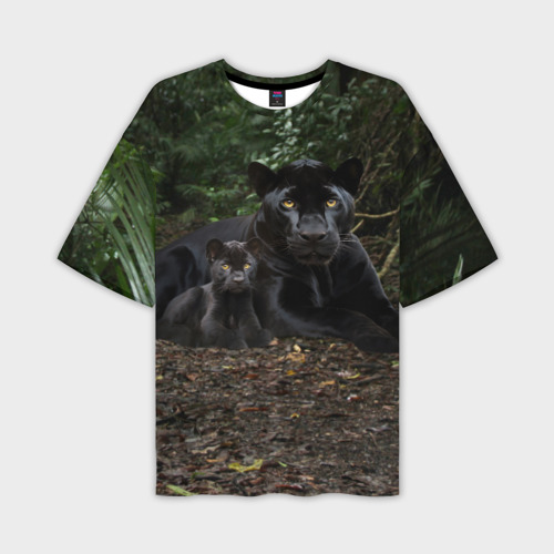 Мужская футболка оверсайз с принтом Пантера с котенком, вид спереди №1