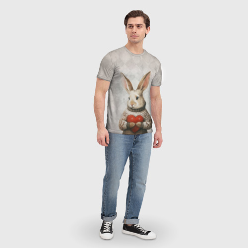 Мужская футболка 3D Влюблённый кролик в свитере с сердцем, цвет 3D печать - фото 5