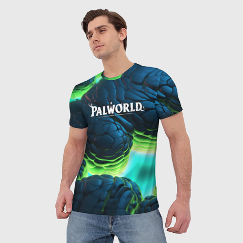 Мужская футболка 3D Palworld логотип на ярких синих и зеленых неоновых плитах, цвет 3D печать - фото 3