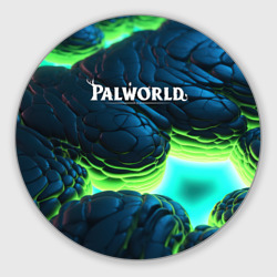 Круглый коврик для мышки Palworld логотип на ярких синих и зеленых неоновых плитах