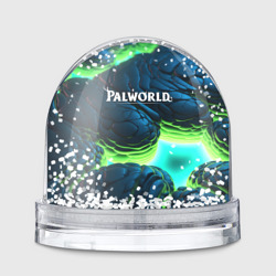 Игрушка Снежный шар Palworld логотип на ярких синих и зеленых неоновых плитах