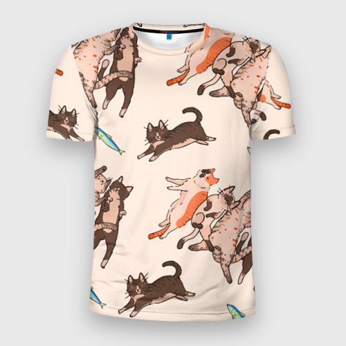 Мужская футболка 3D Slim с принтом Коты и рыба, вид спереди #2