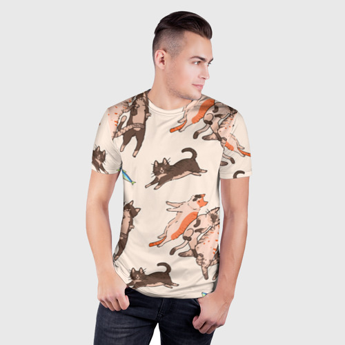 Мужская футболка 3D Slim с принтом Коты и рыба, фото на моделе #1