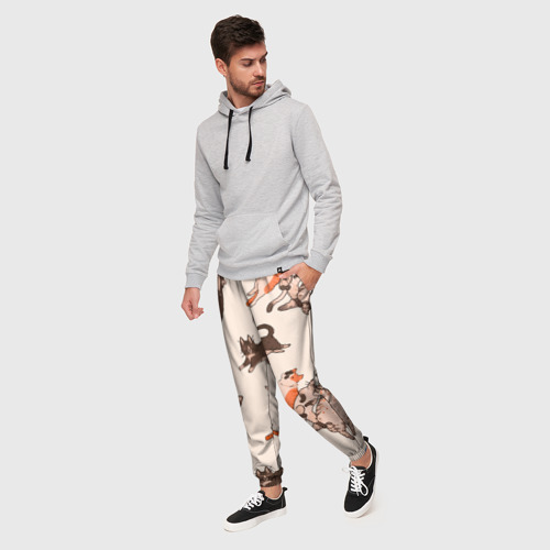 Мужские брюки 3D с принтом Коты и рыба, фото на моделе #1