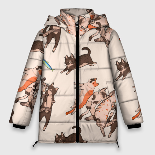 Женская зимняя куртка 3D с принтом Коты и рыба, вид спереди #2