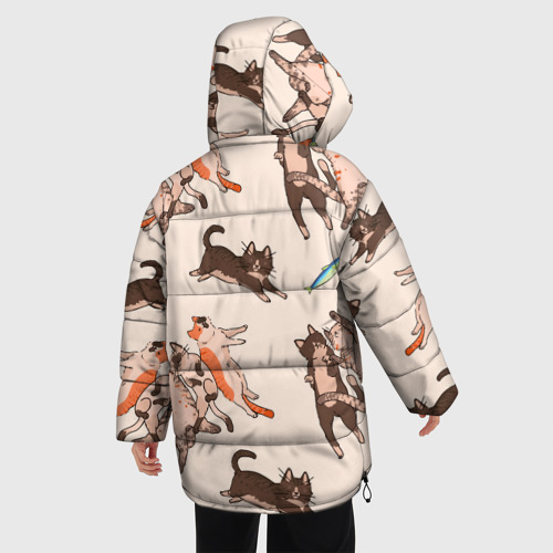 Женская зимняя куртка 3D с принтом Коты и рыба, вид сзади #2
