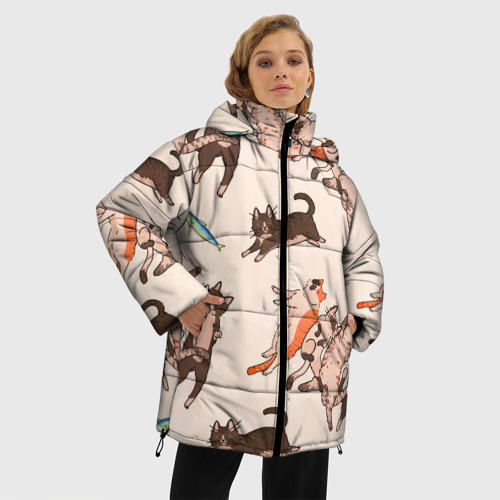 Женская зимняя куртка 3D с принтом Коты и рыба, фото на моделе #1