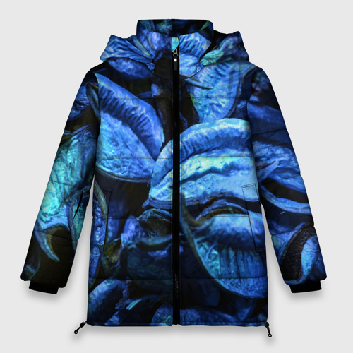 Женская зимняя куртка оверсайз с принтом Старые сухие листья синие, вид спереди №1