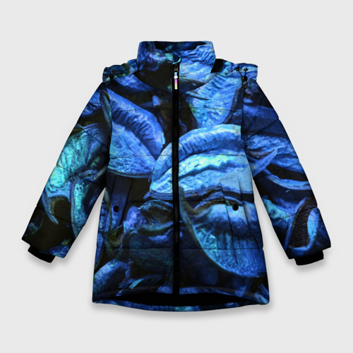 Зимняя куртка для девочек с принтом Старые сухие листья синие, вид спереди №1