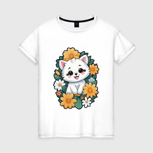Женская футболка из хлопка с принтом Кошечка в цветах, вид спереди №1