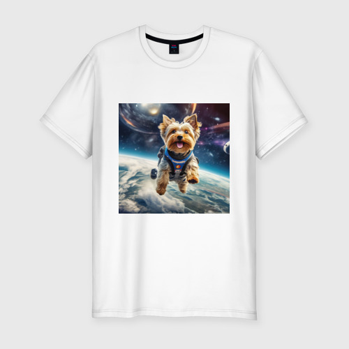 Мужская приталенная футболка из хлопка с принтом Йоркширский терьер в космосе, вид спереди №1