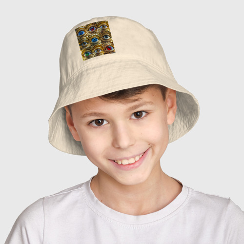 Детская панама хлопок с принтом Золотые глаза разного цвета в стиле стимпанк, фото на моделе #1