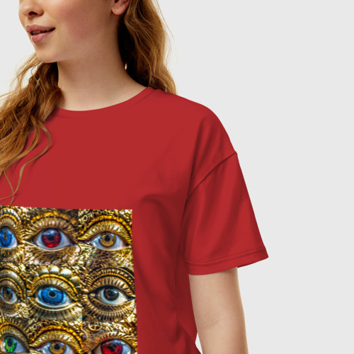 Женская футболка хлопок Oversize с принтом Золотые глаза разного цвета в стиле стимпанк, фото на моделе #1