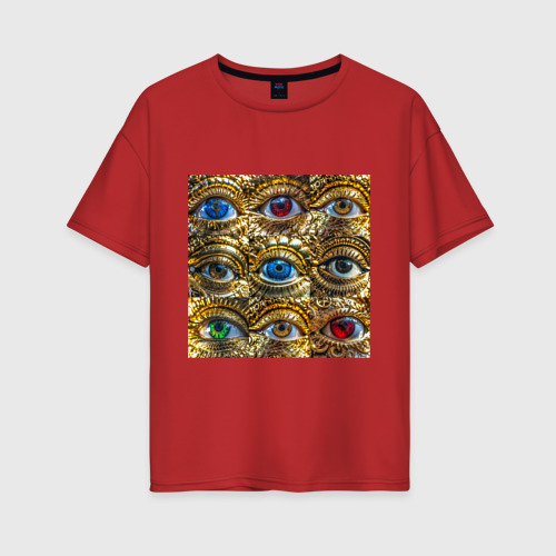 Женская футболка хлопок Oversize с принтом Золотые глаза разного цвета в стиле стимпанк, вид спереди #2