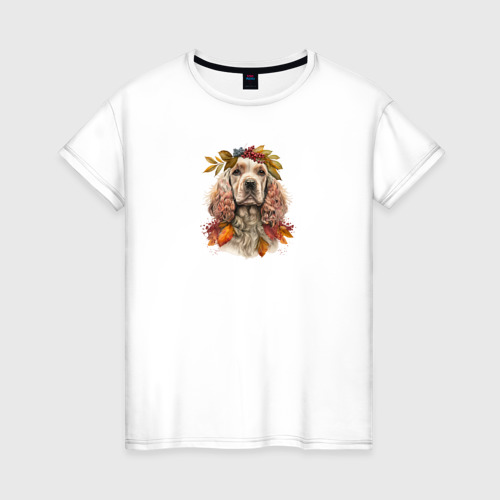 Женская футболка из хлопка с принтом Американский кокер-спаниель осенний арт, вид спереди №1