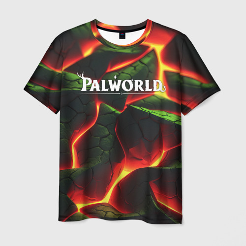 Мужская футболка с принтом Palworld логотип на зеленой абстракции фон, вид спереди №1