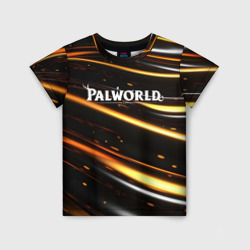 Детская футболка 3D Palworld логотип золотые волны на черном