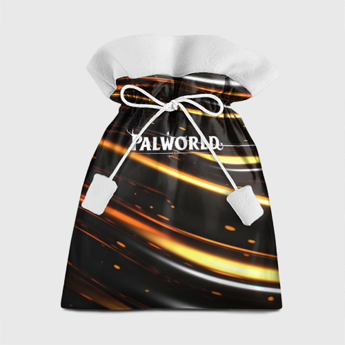 Подарочный мешок с принтом Palworld логотип золотые волны на черном, вид спереди №1