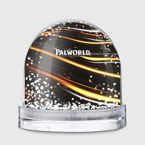 Игрушка Снежный шар с принтом Palworld логотип золотые волны на черном, вид спереди №1