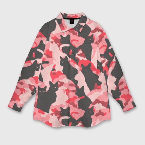 Женская рубашка oversize 3D с принтом Розовый камуфляж из котов, вид спереди #2