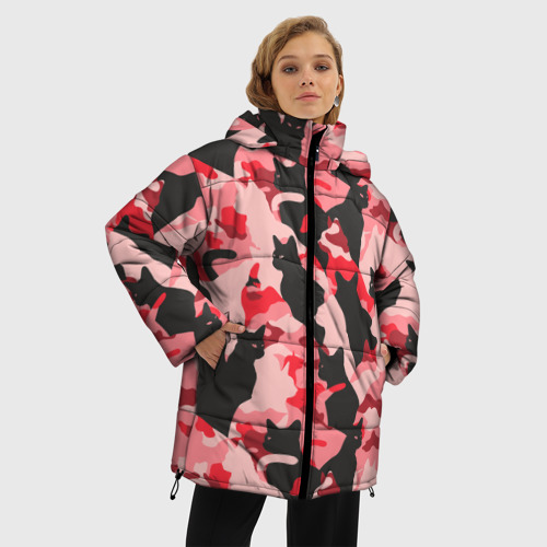 Женская зимняя куртка Oversize Розовый камуфляж из котов, цвет светло-серый - фото 3