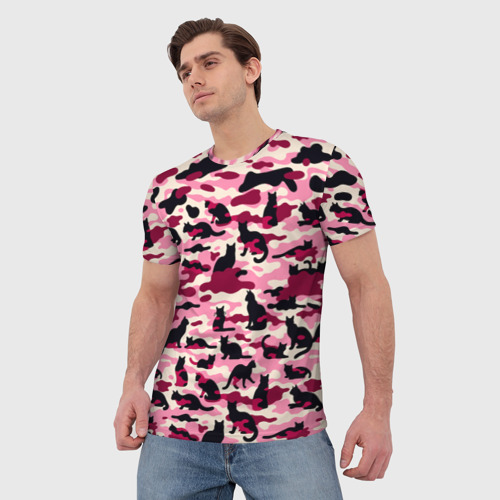 Мужская футболка 3D с принтом Камуфляжные розовые котики, фото на моделе #1