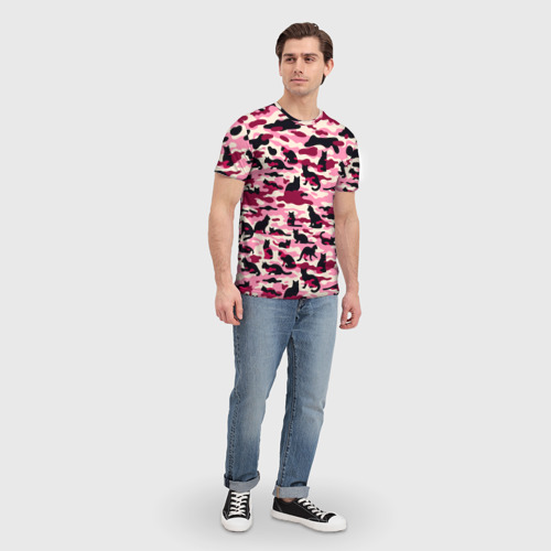 Мужская футболка 3D с принтом Камуфляжные розовые котики, вид сбоку #3