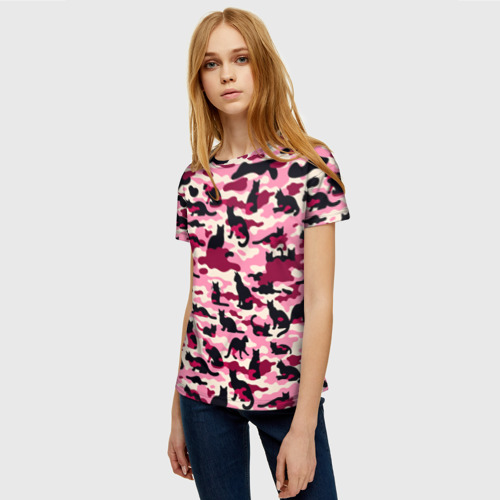 Женская футболка 3D Камуфляжные розовые котики, цвет 3D печать - фото 3