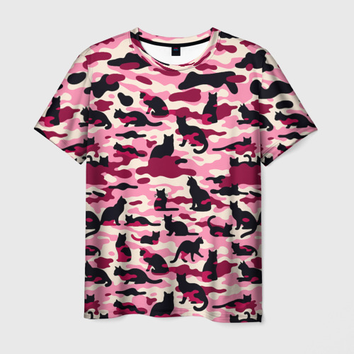 Мужская футболка 3D с принтом Камуфляжные розовые котики, вид спереди #2