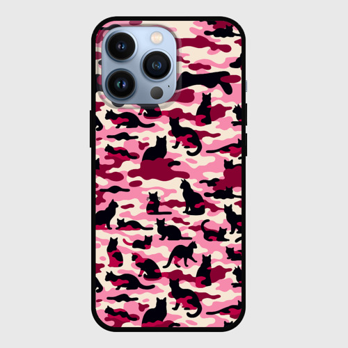 Чехол для iPhone 13 Pro с принтом Камуфляжные розовые котики, вид спереди #2