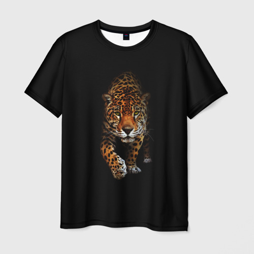 Мужская футболка с принтом Леопард из темноты, вид спереди №1