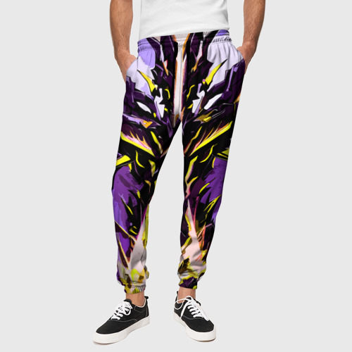 Мужские брюки 3D Чёрно-жёлтая агрессивная абстракция на фиолетовом фоне, цвет 3D печать - фото 4