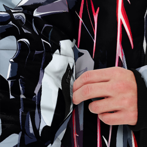 Мужская зимняя куртка 3D с принтом Чёрно-красная агрессивная абстракция на белом фоне, вид сбоку #3