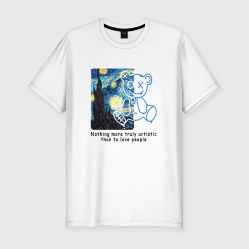 Мужская футболка хлопок Slim с принтом Звёздная ночь с мишкой, вид спереди #2