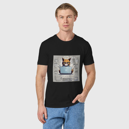 Мужская футболка хлопок Кот программист за ноутбуком, цвет черный - фото 3