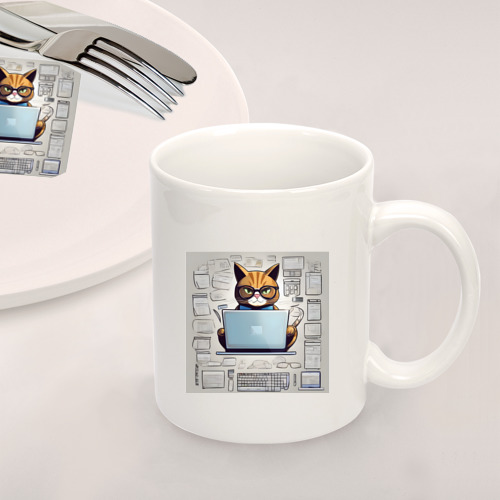Набор: тарелка + кружка Кот программист за ноутбуком - фото 2
