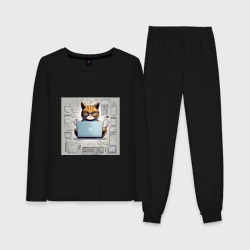 Женская пижама с лонгсливом хлопок Кот программист за ноутбуком