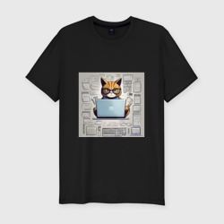 Мужская футболка хлопок Slim Кот программист за ноутбуком