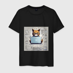 Кот программист за ноутбуком – Мужская футболка хлопок с принтом купить со скидкой в -20%