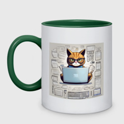 Кружка двухцветная Кот программист за ноутбуком