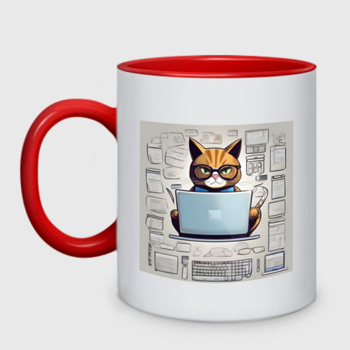Кружка двухцветная Кот программист за ноутбуком, цвет белый + красный