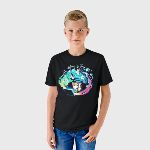 Детская футболка 3D с принтом Лисенок геймер, фото на моделе #1