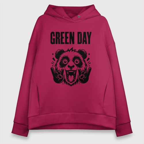 Женское худи Oversize хлопок с принтом Green Day - rock panda, вид спереди #2