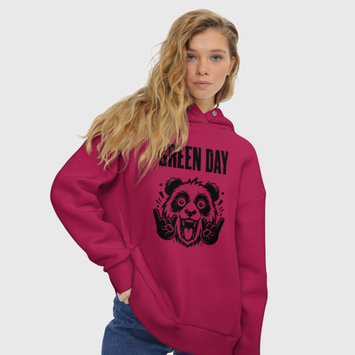 Женское худи Oversize хлопок с принтом Green Day - rock panda, вид сбоку #3