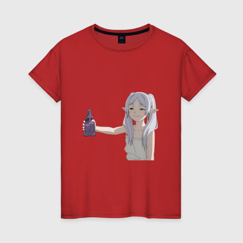 Женская футболка хлопок с принтом Фрирен Провожающая в последний путь улыбается, вид спереди #2