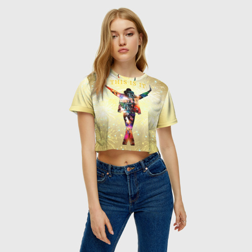 Женская футболка Crop-top 3D Michael Jackson THIS IS IT - с салютами на золотом фоне, цвет 3D печать - фото 4