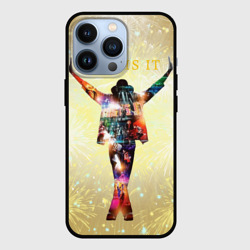 Чехол для iPhone 13 Pro Michael Jackson THIS IS IT - с салютами на золотом фоне