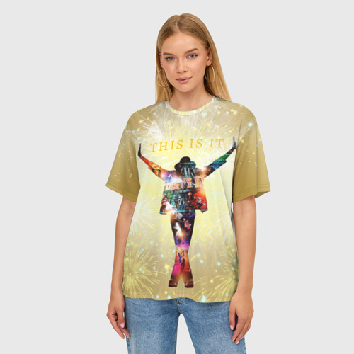 Женская футболка oversize 3D Michael Jackson THIS IS IT - с салютами на золотом фоне, цвет 3D печать - фото 3