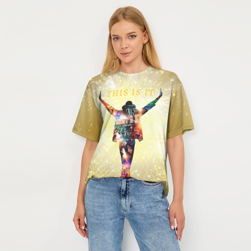 Женская футболка oversize 3D Michael Jackson THIS IS IT - с салютами на золотом фоне, цвет 3D печать - фото 5